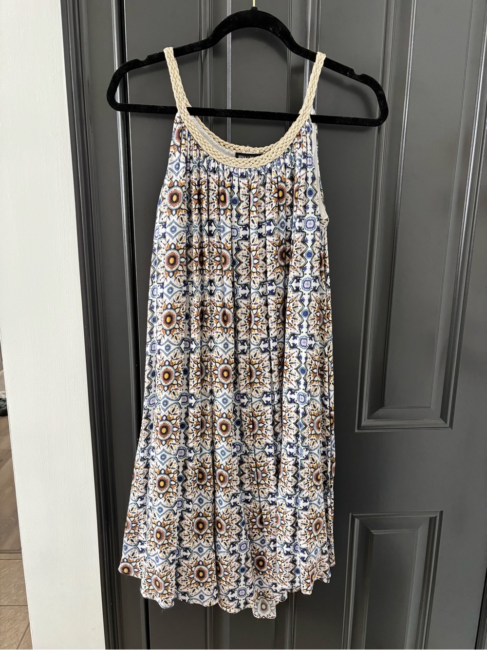 Nina Leonard Multi-Color Boho Tile Print Dress with Crochet Trim